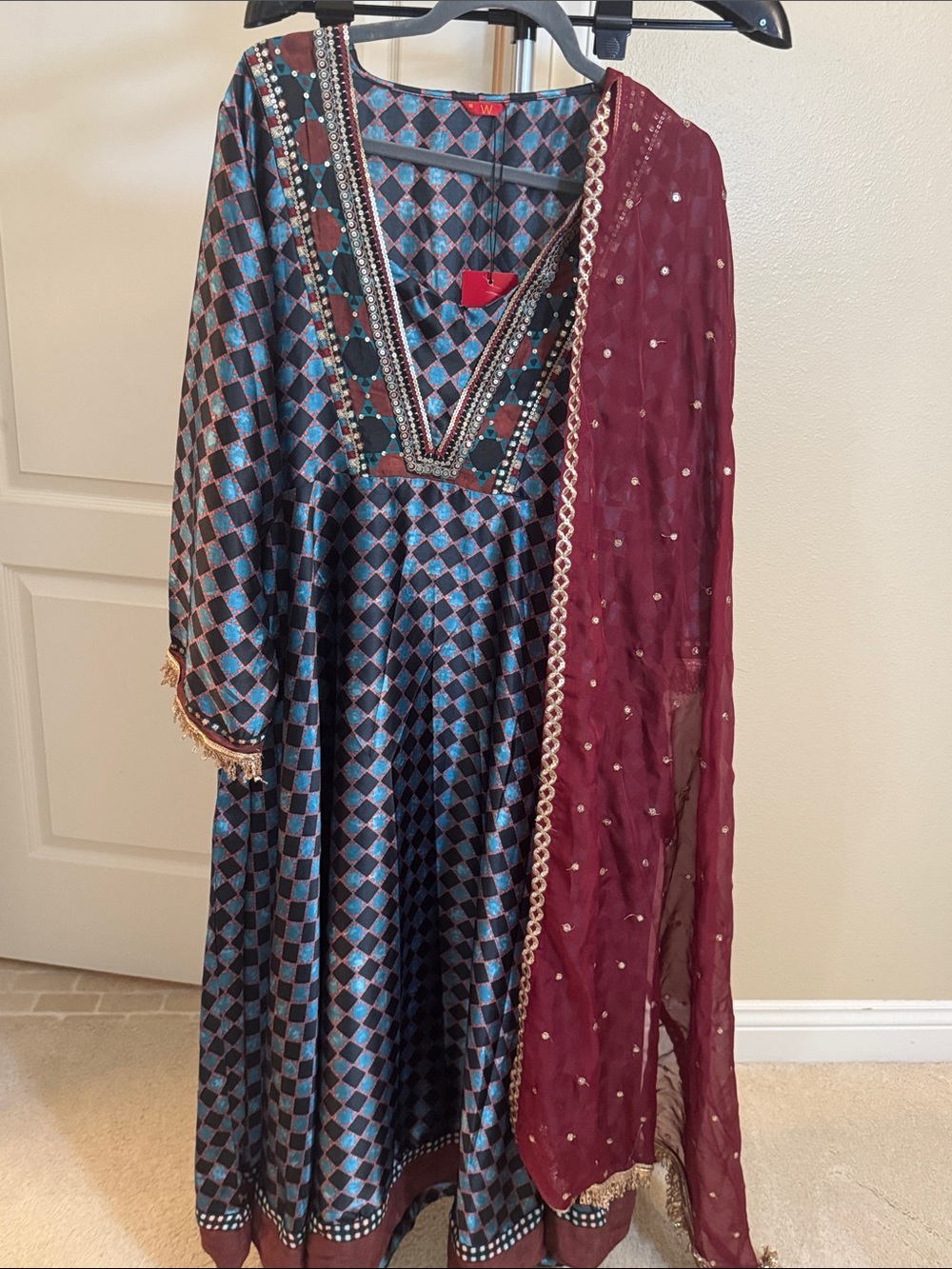 Buttery soft fabric Geometric V-Neck Maxi Dress set in Teal and Brown